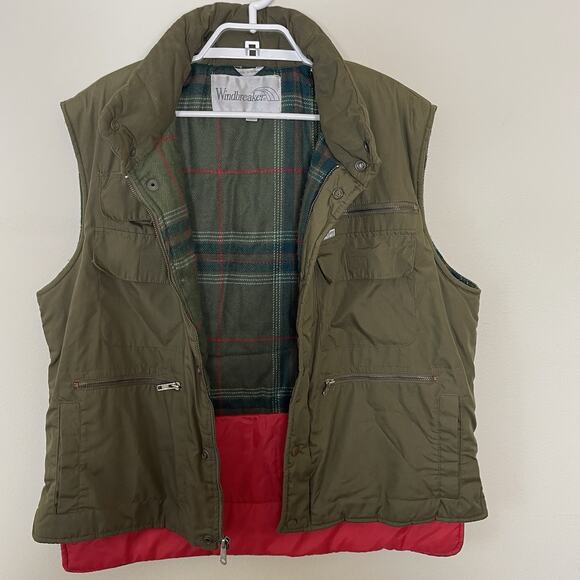 Vtg Windbreaker Army Green Flannel Lined Hunting Field Vest Packable Hood 80s L - Picture 5 of 10